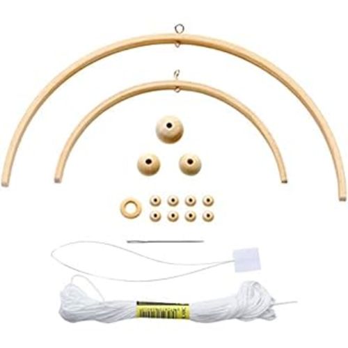 Baby Mobile DIY Kit Nursery Wooden Frame Mobile Crib Bed Bell Ceiling Wooden Wind Chime Hanging DIY Wooden Frame Ornaments Handmade Kit Round Wind Bell for Infant Toys