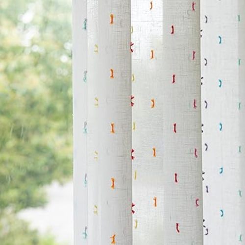 SUOUO Colorful Linen Textured Sheer Curtains for Living Room 96 inches Long 2 Panels Rod Pocket Boho Light Filtering White Window Drapes for Bedroom Dining