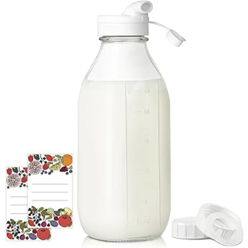 Square Liter Glass Milk Bottles with Airtight Lid - 100% Airtight Heavy Duty Screw Lid, 32 Oz Glass Juice Bottles w Scale Mark, Reusable Glass Jars for Homemade Juice(Extra 1 Lid)