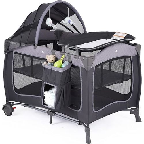 Pamo Babe Baby Playard with Canopy, Portable Crib with Changing Table