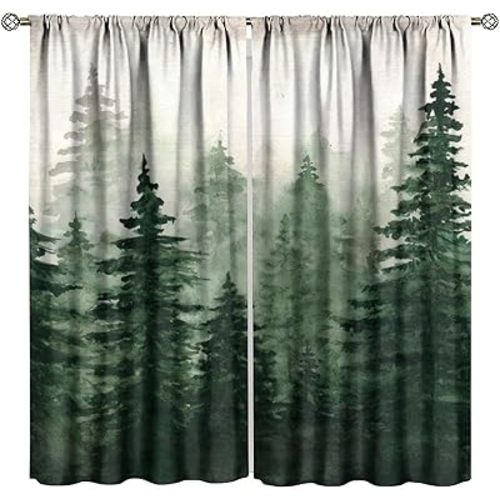 Misty Forest Curtains Nature Landscape Fog Watercolor Pine Tree Mountain Ink Painting Blackout Window Drapes for Bedroom Living Room Kitchen Cafe Decor （W42xL84 Inch） x2 Panels