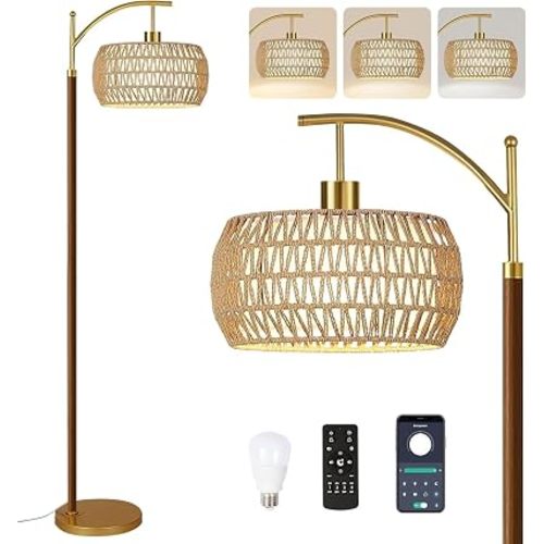 ZECOXOL Wood Floor Lamps for Living Room Arc Boho Floor Lamp with Remote Control & 3 Color Temperatures,Vintage Wicker Rattan Standing Lamp Dimmable Tall Floor Lamp for Bedroom Living Room Corner