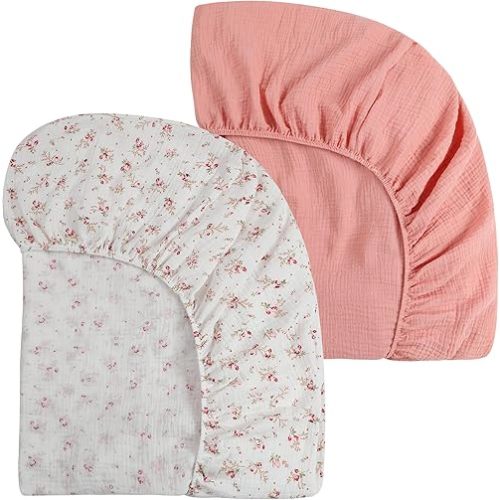 Onacosht Muslin Mini Crib Sheets, 39" x 27" Pack and Play Mattress Sheets Fitted for Pack N Play, Soft Cotton for Boys Girls, 2 Pack, Pink Blossom