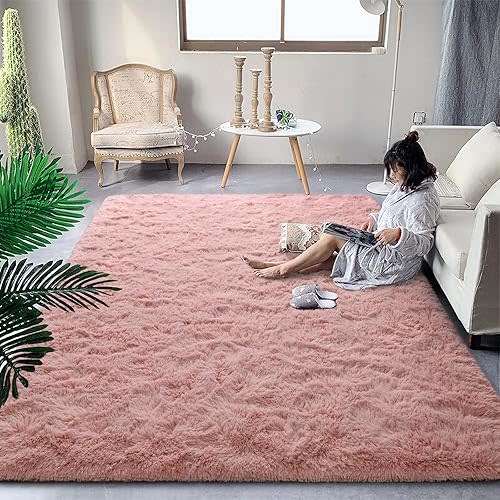 DweIke Super Soft Shaggy Rugs Fluffy Carpets, Pink Area Rug for Living Room Bedroom Girls Kids Room Nursery Home Decor, Non-Slip Plush Indoor Floor Bedside Rug, 5 ft X 8 ft, Pink