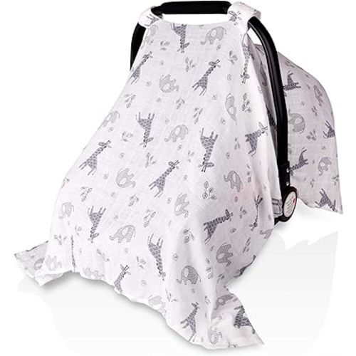 Baby Car Seat Covers for Boys Girls, Metplus Muslin Infant Carseat Canopy, Lightweight Breathable Newborn Carrier Canopies Stroller Cover, Universal Fit Large Size 47.2 x 35.4 inch, Elephant Giraffe