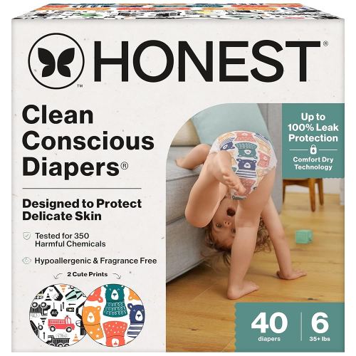 The Honest Company Clean Conscious Diapers for Delicate Skin | Up to 100% Leakproof | Hypoallergenic, Fragrance Free | Gender Neutral | Club Box, Size 6 (35+ lbs), 40 Count (Prints May Vary)