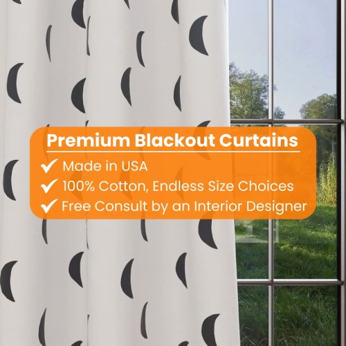 Moon kids and nursery blackout curtains. Custom, handmade, made to measure curtains. Great for bedrooms and playrooms. Room darkening.
