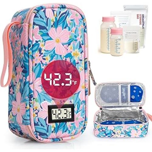 Breast Milk Cooler Travel Bag with Real-Time Temp Display - Holds 20oz Breastmilk Storage Bag & Cooling, Portable Breast Milk Cooler Bags with 2 Ice Packs for Breastmilk Storage (Flower)