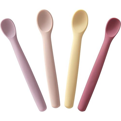Moonkie Silicone Baby Spoons Set of 4, Two Sizes Feeding Spoon for First Stage 4+ Months, Baby Utensils, Toddler Led Weaning Spoons, Bendable, Chewproof & Boil-proof(Without Case)