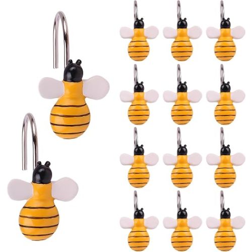 Bee Shower Curtain Hooks 12PCS Resin Curtain Hooks Decorative Shower Curtain Hooks Shower Rings for Living Room Bedroom Bathroom Decor