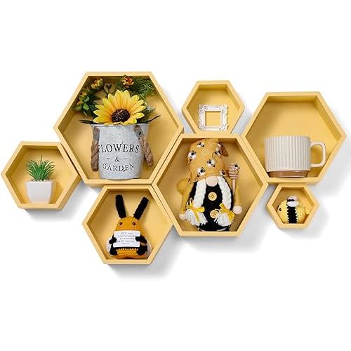 Honeycomb Shelves for Wall Set of 7 Wooden Hexagon Floating Shelves Decor Octagon Wall Mounted Storage Bookshelf for Living Room Bedroom Office Bee Day Decor(Honeycomb Yellow)