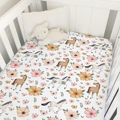 Watercolor Horse Floral Baby Crib Sheets 52''x28'' Cute Horses Boho Retro Flowers White Fitted Crib Mattress Cover for Boy Girl Soft Nursery Baby Bed Sheets for Standard Size Crib and Toddler Mattress