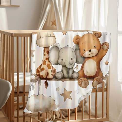 Baby Blanket With Jungle Animals, Giraffe Elephant Bear Nursery Throw, Watercolor Baby Gift, Soft Woodland Animal Blanket