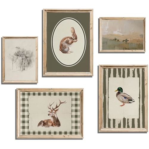 Vintage Nursery Wall Art Children Room Canvas Wall Decor Green Rabbit Duck Deer Posters Prints Farmhouse Animal Scenery Painting Pictures Neutral Artwork for Playroom Bedroom 8x10x5 Inch Unframed