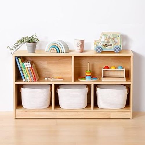 Rubber Wood 5-Compartment Montessori Shelf, 43.3" L, 2-Tier Toy Organizers and Storage, Wooden Storage Cabinet for Kids Room, Playroom, Nursery, Classroom, Kindergarten