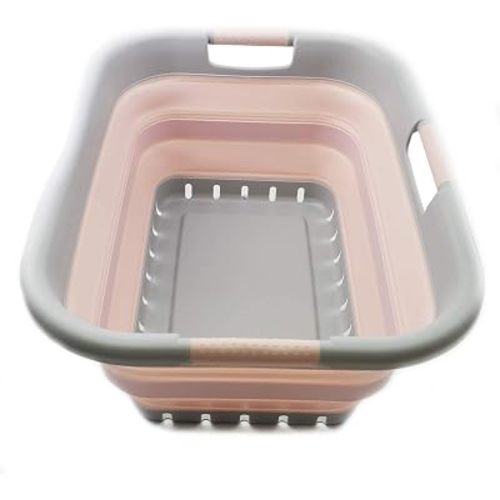SAMMART 41L Collapsible Plastic Laundry Basket - Foldable Pop Up Storage Container/Organizer - Portable Basket - Space Saving Hamper/Basket (3 handled rectangular, Grey/Pink)