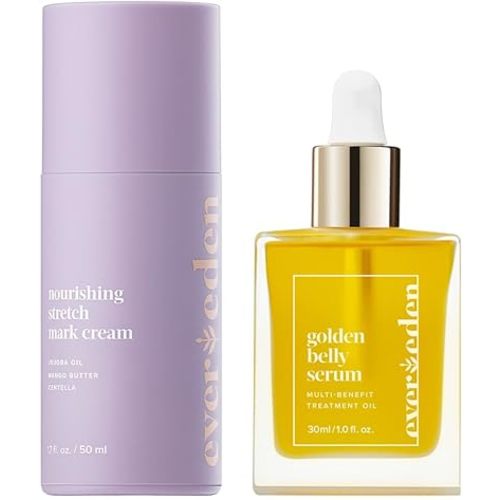Evereden Mama DUO - Golden Belly Stretch Mark Oil 30ml & Nourishing Stretch Mark Cream 50ml - Clean & Vegan Maternity Skin Care for Stretch Mark Reduction & Skin Hydration | Stocking Stuffers for Moms