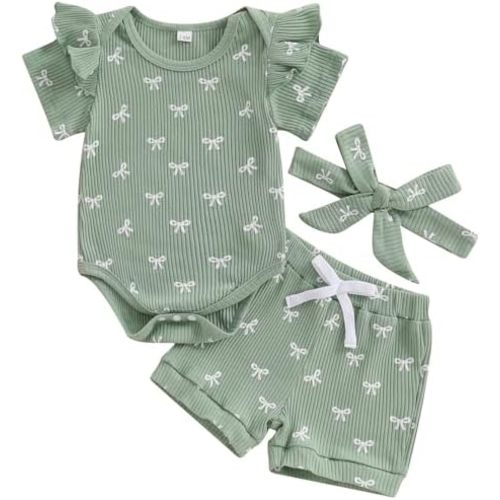 Mubineo Baby Girl Summer Clothes Cute Bowknot Romper Shorts Outfits Ruffle Short Sleeve Bodysuit Tops Newborn Set Outfit