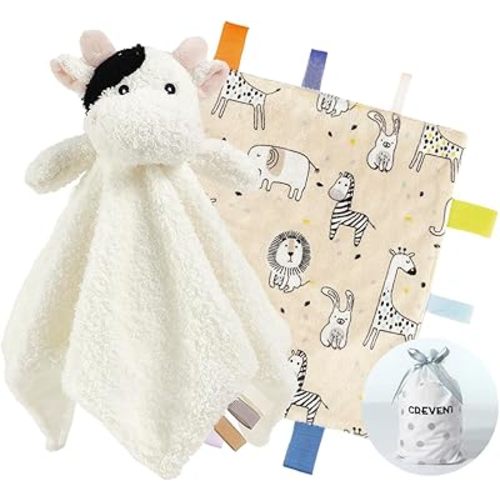 CREVENT Cozy Plush Baby Security Blanket, Loveys for Baby Girls and Boys, Birthday (Cow + Tag)