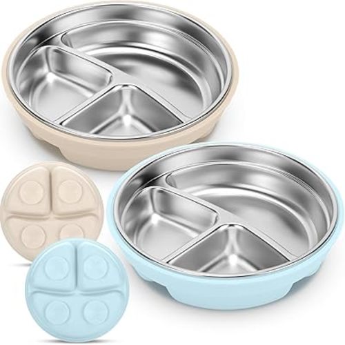 Nuogo 2 Pcs Stainless Steel Baby Suction Plates with Removable Silicone Shell 2-in-1 Metal Toddler Bowl Divided for Picky Eaters Kids Feeding Led Weaning Supplies, Dishwasher Safe (Beige,Blue)