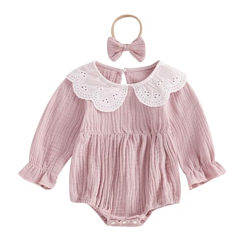 Baby Girl Vintage Bubble Romper Doll Collar Long Sleeve Playsuit with Headband Fall Spring Clothes