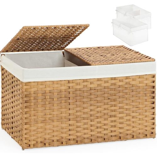 Storage Basket with Lid Rattan Storage Basket with 2 Separate Lid, 27.8 Gallon (105 L) Wicker Baskets for Storage with 2 Liners and Handles Wicker Storage Baskets for Bedroom Laundry-Natural