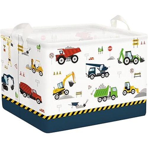 Clastyle Cartoon Construction Truck Shelf Basket Nursery Boy Room Car Decor Gift Basket Rectangle Bulldozer Excavator Basket Blue Clothes Books Toy Storage Cube