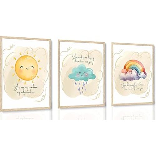 YCXDMJ 3pcs Kids Room Wall Art Canvas Prints Boho Cute Sun Rainbow Cloud Posters Pictures Positive Quote Decoration Baby Nursery Room Paintings Classroom Bedroom Wall Decor Unframed