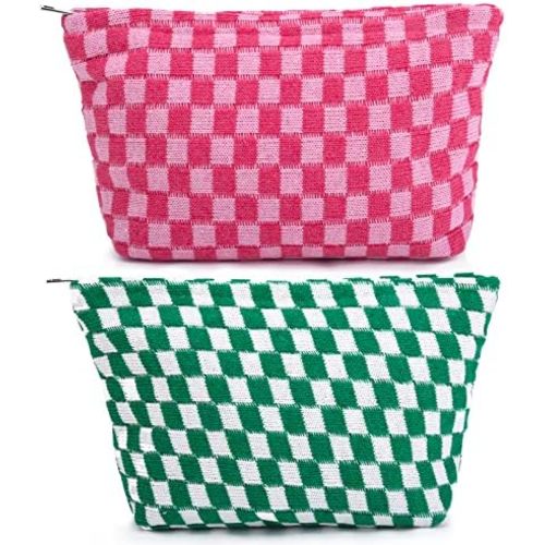 2 Pieces Makeup Bag Large Checkered Cosmetic Bag Capacity Canvas Travel Toiletry Bag Organizer Cute Makeup Brushes Aesthetic Accessories Storage Bag for Women, Checkered L Green Rose red