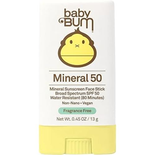 Sun Bum Baby Bum Mineral SPF 50 Sunscreen Stick - Hawaii 104 Act Compliant (Without Octinoxate & Oxybenzone) - UVA/UVB Face and Body Protection - Unscented for Sensitive Skin - Travel Size - 0.45 Oz