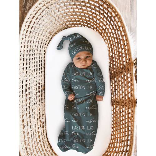 BABY NAME SWADDLE -Baby Boy Gown Knotted Hat Set Personalized Newborn Baby Boy Coming Home Outfit Hospital Photo Receiving Blanket Girl
