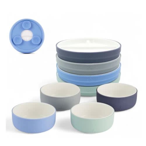 Kids Porcelain Mealtime Bundle | Suction Sleeves | 6.7" Plates + Bowls | 8 Pcs | Sage/Misty Blue/Navy/Gray