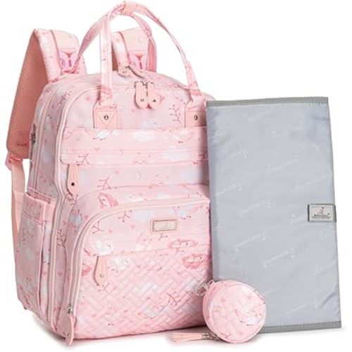 BabbleRoo Diaper Bag Backpack - Baby Essentials, Travel Essentials Baby Bag with Changing Pad, Stroller Straps & Pacifier Case - Unisex, Pink Birdy