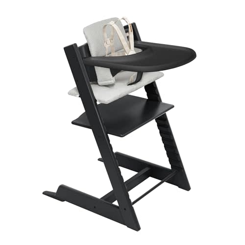 Stokke Tripp Trapp High Chair 2 (Black), Cushion 2 (Nordic Grey) + Stokke Tray (Black) - Includes Chair + Baby Set with Removable Harness for Children 6-36 Months
