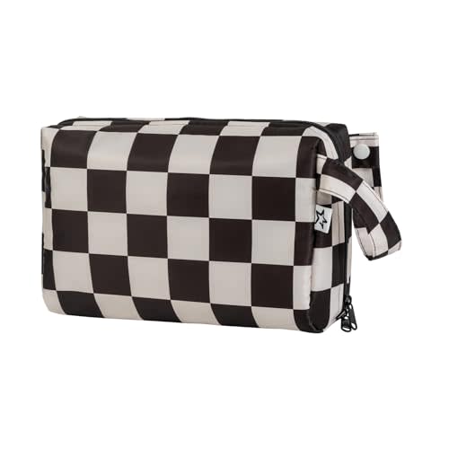 Tiny Twinkle Portable Waterproof Makeup Bag | Travel-Friendly Cosmetic Organizer with Convenient Carry Handle | Spacious Interior, and Secure Zipper Closure (Black Checkers)