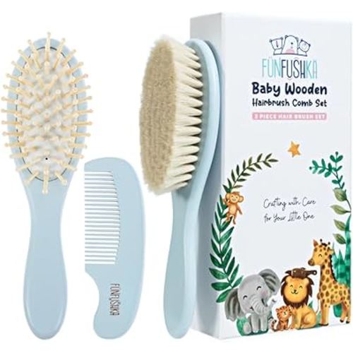 Baby Hair Brush Set for Newborns - Baby Brush and Comb Set - Ultra Soft Goat Hair Bristles, Perfect for Cradle Cap, Newborn Showers & Registries Gift, Comb Brush for Girls & Boys (Sky)
