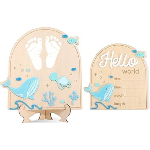 Birth Announcement Wood Sign Board - Boy Under The Sea Newborn Footprint Milestone, Ocean Theme Hello World Wood Sign, Baby Boys Arrival Hospital Wood Board, Baby Shower Wooden Keepsake Set