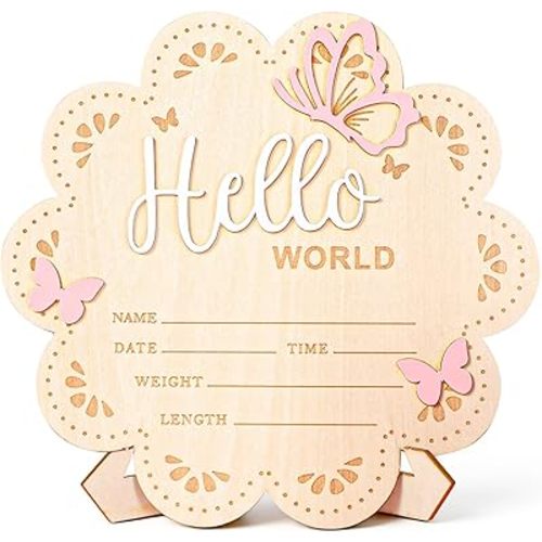 Hello World Newborn Sign, Wood Baby Announcement Sign with Bracket, Personalized Baby Name Announcement Signs for Hospital, Newborn Photography Props