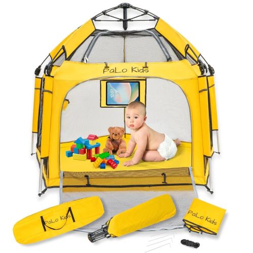 Pop Up Playpen - Portable Playpen for Babies - Pop and Go Playpen with Canopy – Baby Beach Tent - Indoor Outdoor Baby Playpen, Pop Up Pack & Play Tent, Built in Tablet Holder, Foldable