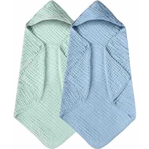 Yoofoss Hooded Baby Towels for Newborn 2 Pack 100% Muslin Cotton Baby Bath Towel with Hood for Babies, Infant, Toddler and Kids, Large 32x32Inch, Soft and Absorbent Newborn Essential