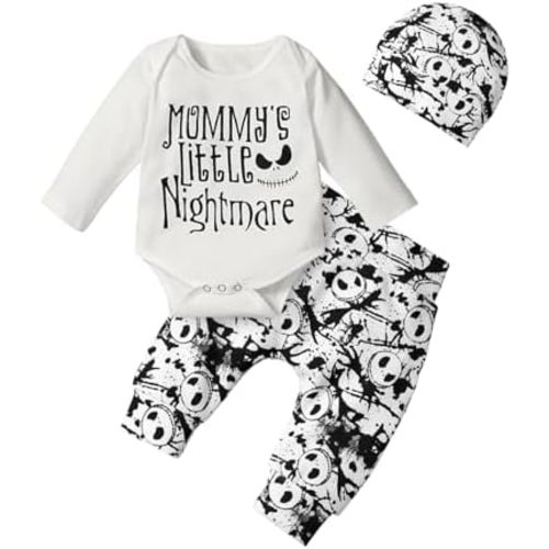 Night Christmas Baby Mommy's Little Nightmare Letter Print Bodysuit Pants and Hat Outfit Set Newborn to Infant