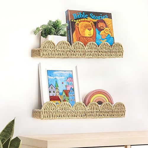 AELS Scalloped Nursery Bookshelf, Set of 3, Picture Ledge Shelf for Wall Decor, Woven Natural Fibre Floating Shelves for Books, Toys, Photo Frames, Nursery, Boho Modern Farmhouse Book Shelf, Beige