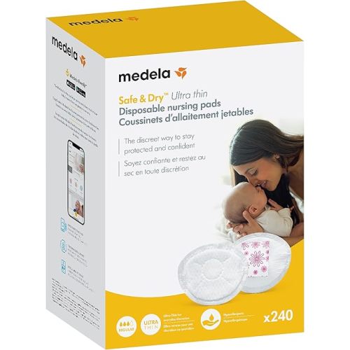 Medela Safe & Dry Ultra Thin Disposable Nursing Pads, 240 Count Breast Pads for Breastfeeding, Leakproof Design, Slender and Contoured for Optimal Fit and Discretion