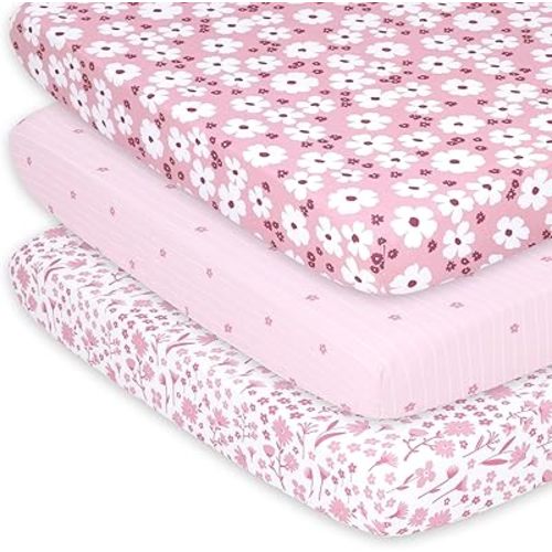 The Peanutshell 3-Pack Fitted Playard Sheets - Soft & Breathable Baby Girl Mini Crib Sheets, Pack N Play Mattress, Fits Standard Playard Pack Play Mattresses - Daisy