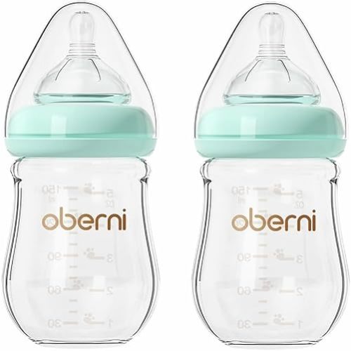 Glass Baby Bottles,Anti Colic Breastfeeding Bottle with Natural Response Nipple Size S,Wide Neck Slow Flow Baby Bottle for Baby,Newborn,Preemie 0-3 0-6 Month,BPA Free (Blue, 2 Pack, 5 Ounce)