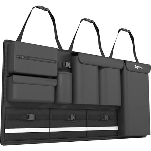 Backseat Hanging Organizer with Large Storage Bags | PU Leather, Large Capacity | Adjustable Straps, Waterproof & Collapsible | Universal Fit for SUVs, Sedans & Trucks | Black, 37.8" x 18.1" - P810