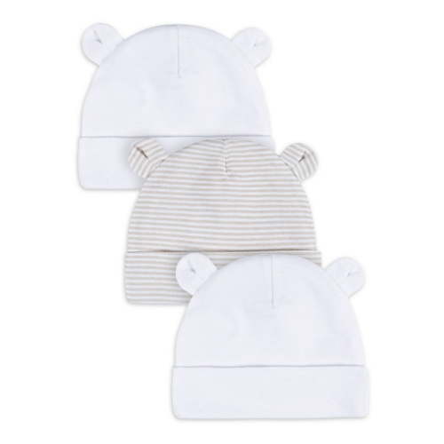 Gerber Baby Boy or Girl Unisex White Beanie Cotton Caps, 3-Pack, Sizes Newborn - 0/6 Months