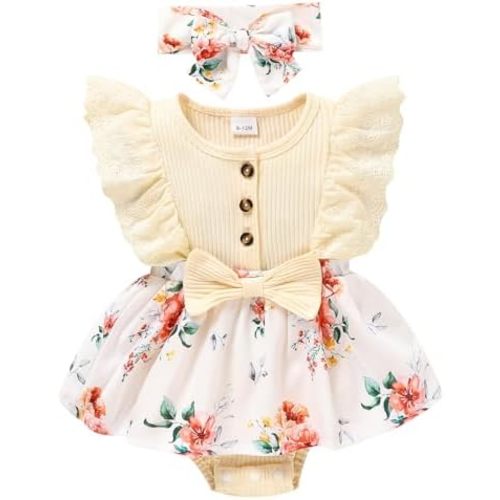 Sinhoon Baby Girl Clothes Newborn Ruffled Sleeveless Romper Floral Dreesy Bodysuit Heaedband 3pcs Baby Girl Summer Clothes