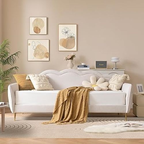 VELOCAVA Twin Size Upholstered Daybed with Cloud-Shaped Backrest, Modern Linen Sofa Bed with Metal Legs, Wood Slat Support for Bedroom, Living Room, Guest Room, Beige White