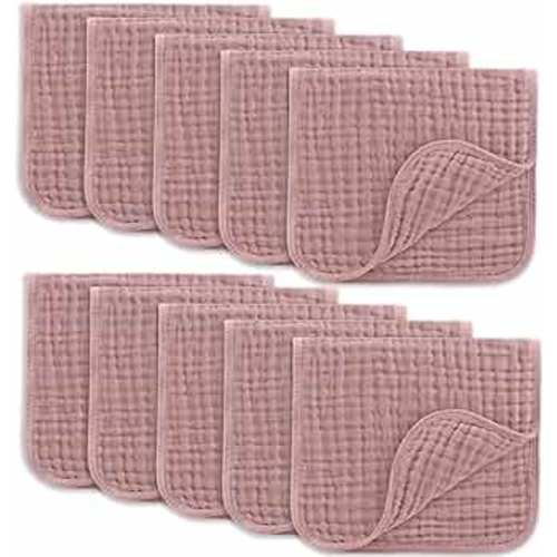 Comfy Cubs Muslin Burp Cloths Set Large 100% Cotton Hand Washcloths for Babies, Baby Essentials 6 Layers Extra Absorbent and Soft Boys & Girls Baby Bibs & Burp Cloths Set (Mauve, 10-Pack, 20" X10")